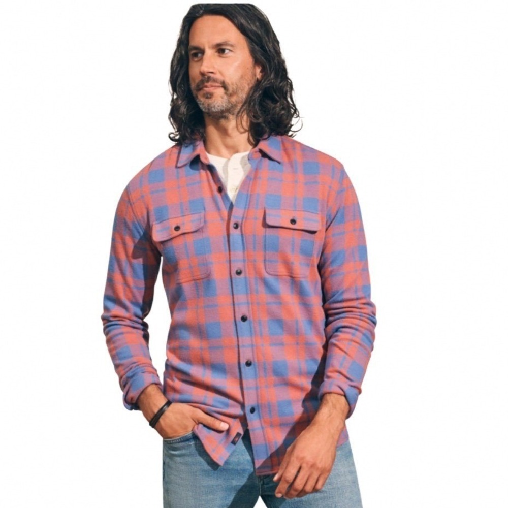 Faherty Legend Sweater Men Large Shirt Rose Blue Check Plaid Knit Button Down